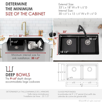 STYLISH 33 inch Dual Mount  Workstation Double Bowl Black Composite Granite Kitchen Sink with Built in Accessories S-833WN - Plumbing Market