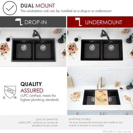 STYLISH 33 inch Dual Mount  Workstation Double Bowl Black Composite Granite Kitchen Sink with Built in Accessories S-833WN - Plumbing Market