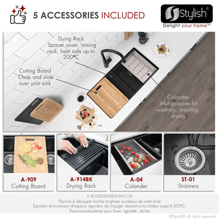 STYLISH 33 inch Dual Mount  Workstation Double Bowl Black Composite Granite Kitchen Sink with Built in Accessories S-833WN - Plumbing Market