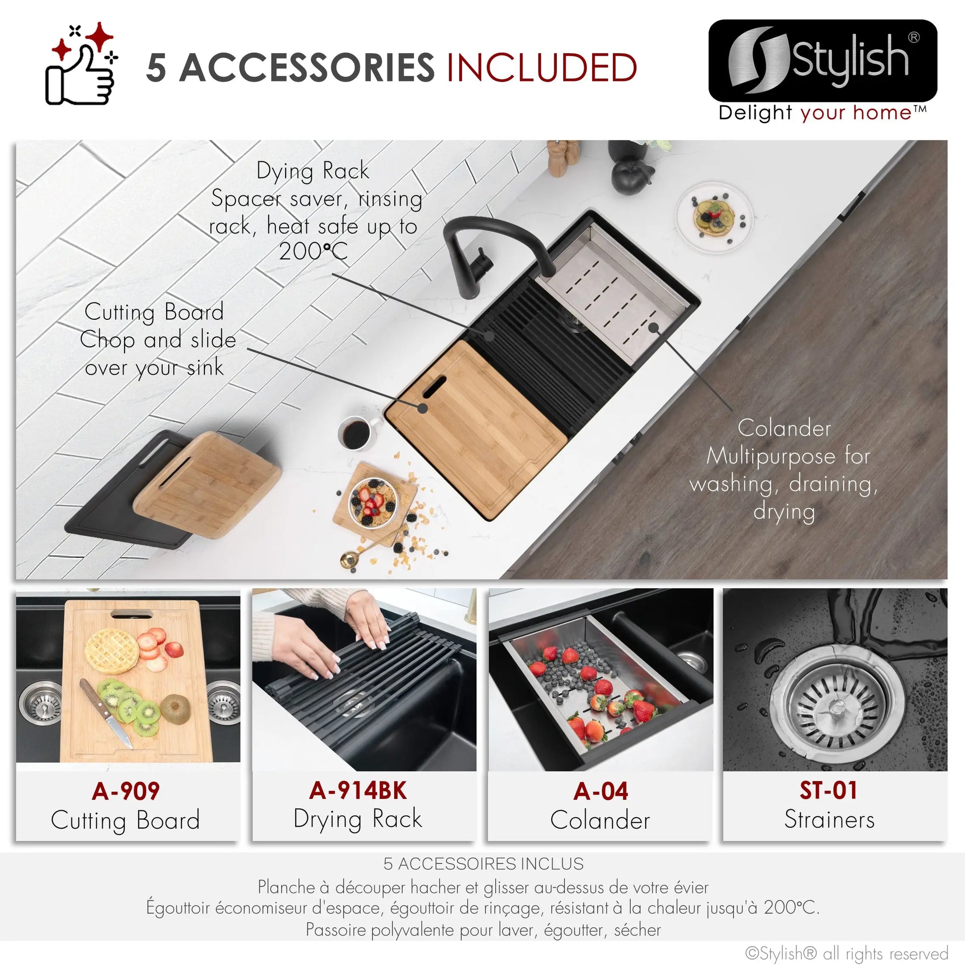 STYLISH 33 inch Dual Mount  Workstation Double Bowl Black Composite Granite Kitchen Sink with Built in Accessories S-833WN - Plumbing Market