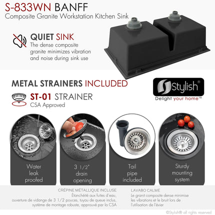 STYLISH 33 inch Dual Mount  Workstation Double Bowl Black Composite Granite Kitchen Sink with Built in Accessories S-833WN - Plumbing Market
