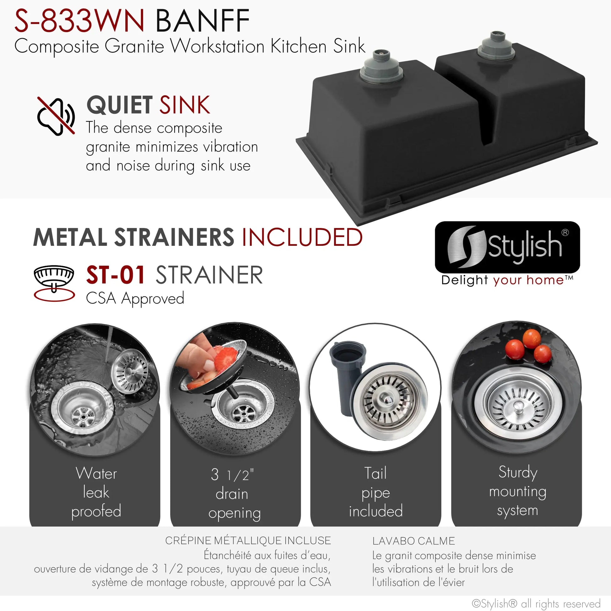 STYLISH 33 inch Dual Mount  Workstation Double Bowl Black Composite Granite Kitchen Sink with Built in Accessories S-833WN - Plumbing Market