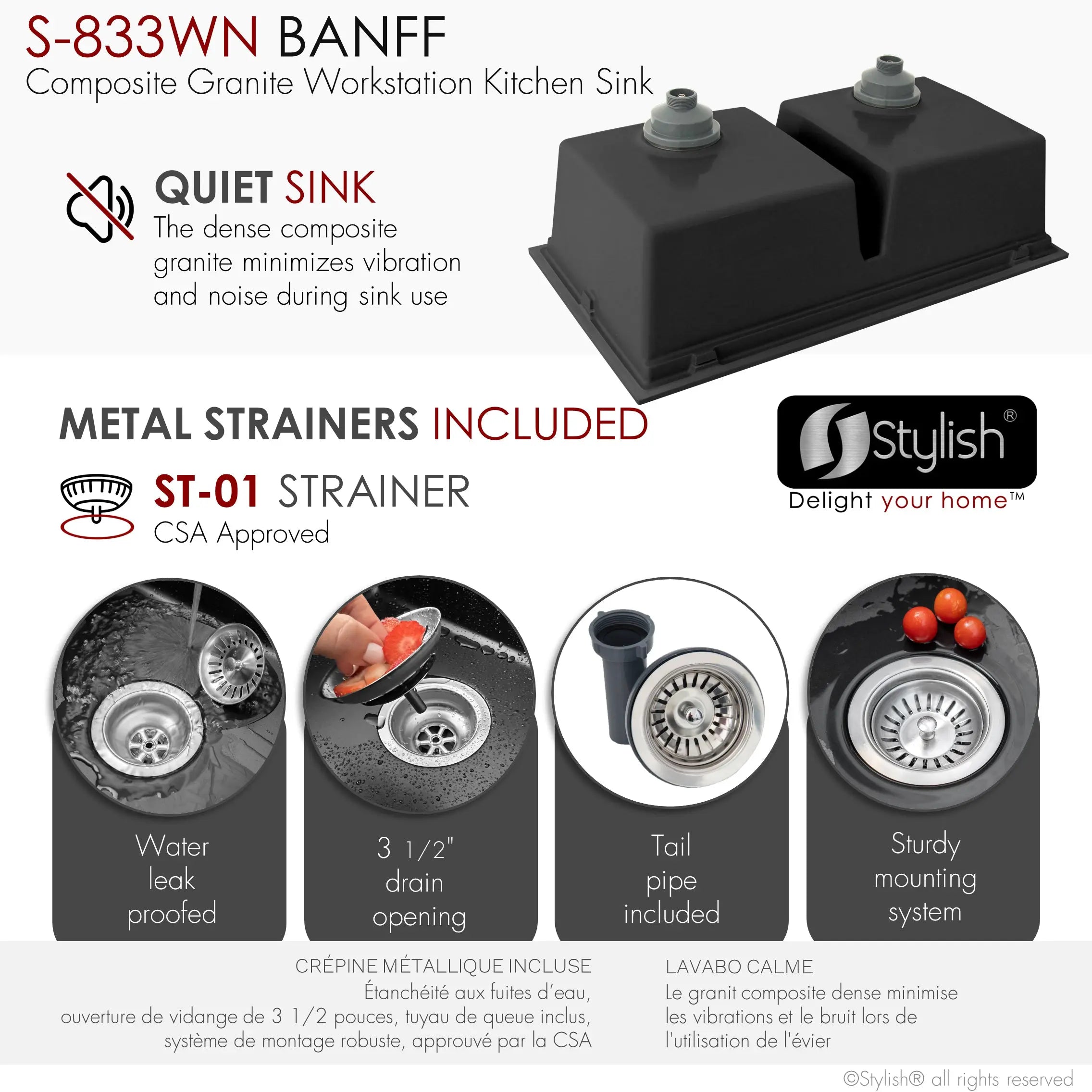 STYLISH 33 inch Dual Mount  Workstation Double Bowl Black Composite Granite Kitchen Sink with Built in Accessories S-833WN - Plumbing Market