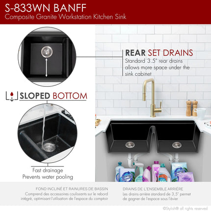 STYLISH 33 inch Dual Mount  Workstation Double Bowl Black Composite Granite Kitchen Sink with Built in Accessories S-833WN - Plumbing Market