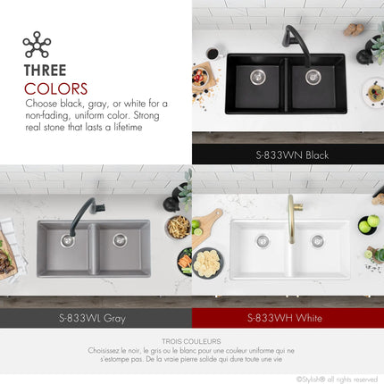 STYLISH 33 inch Dual Mount  Workstation Double Bowl Black Composite Granite Kitchen Sink with Built in Accessories S-833WN - Plumbing Market