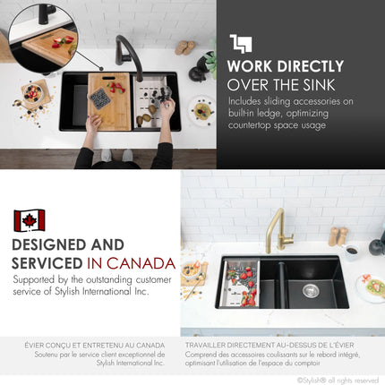 STYLISH 33 inch Dual Mount  Workstation Double Bowl Black Composite Granite Kitchen Sink with Built in Accessories S-833WN - Plumbing Market