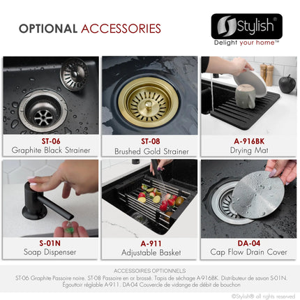 STYLISH 33 inch Dual Mount  Workstation Double Bowl Black Composite Granite Kitchen Sink with Built in Accessories S-833WN - Plumbing Market