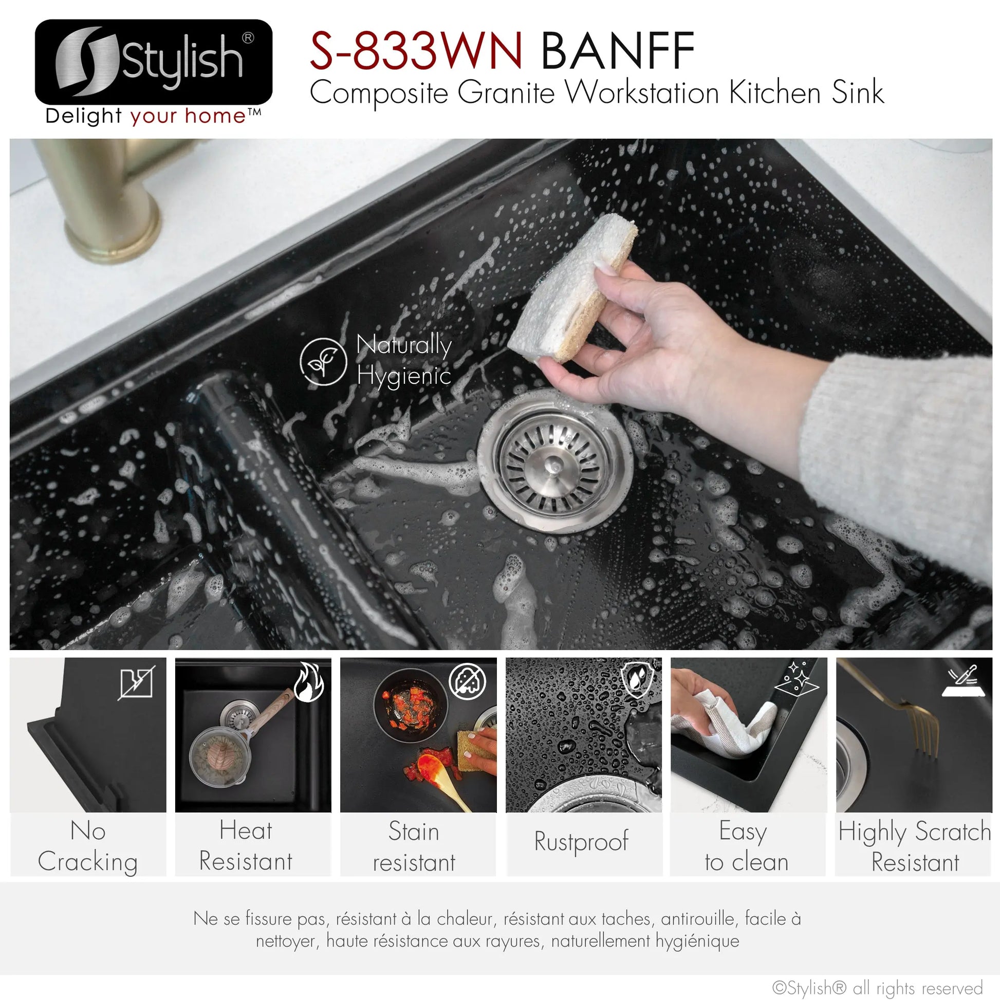 STYLISH 33 inch Dual Mount  Workstation Double Bowl Black Composite Granite Kitchen Sink with Built in Accessories S-833WN - Plumbing Market