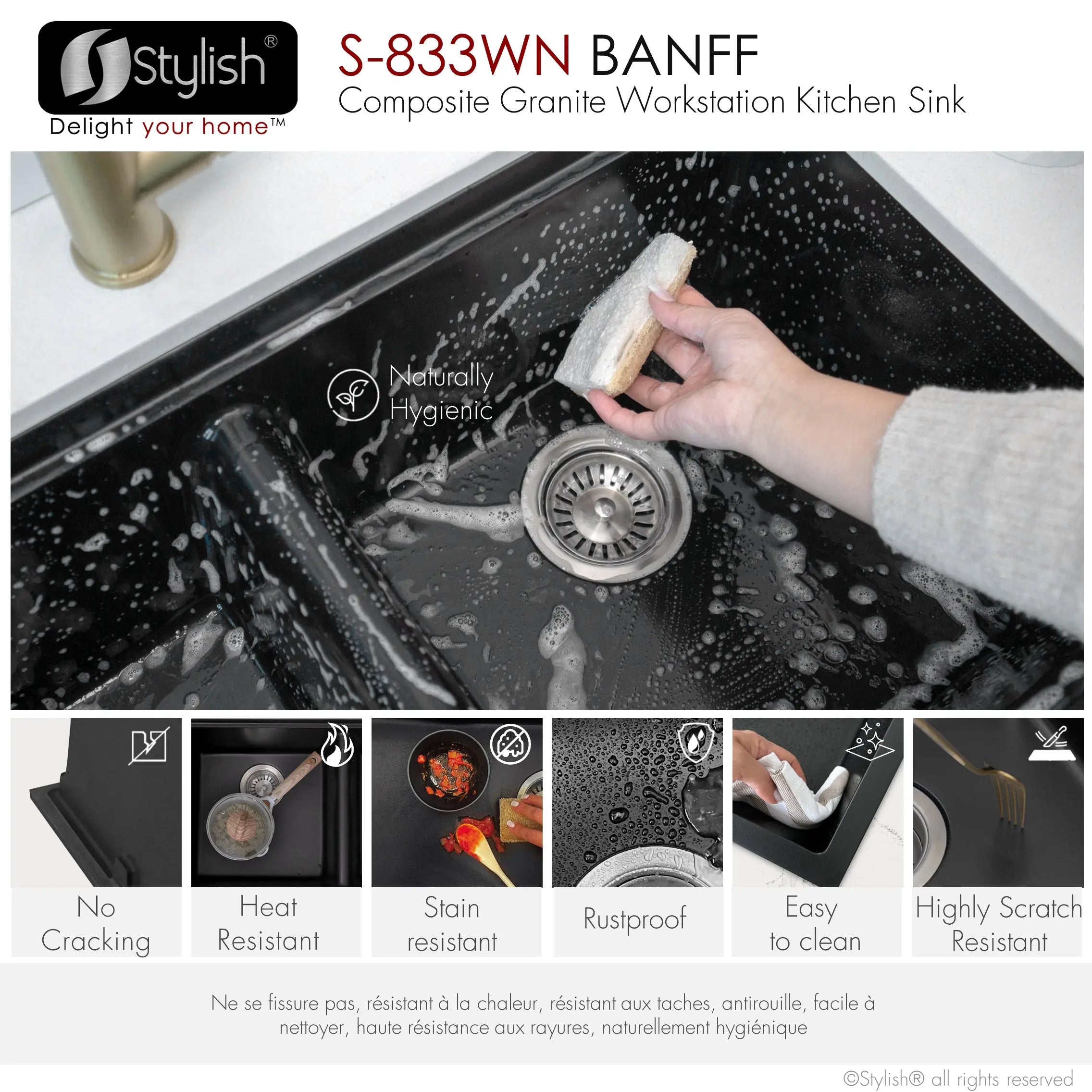 STYLISH 33 inch Dual Mount  Workstation Double Bowl Black Composite Granite Kitchen Sink with Built in Accessories S-833WN - Plumbing Market