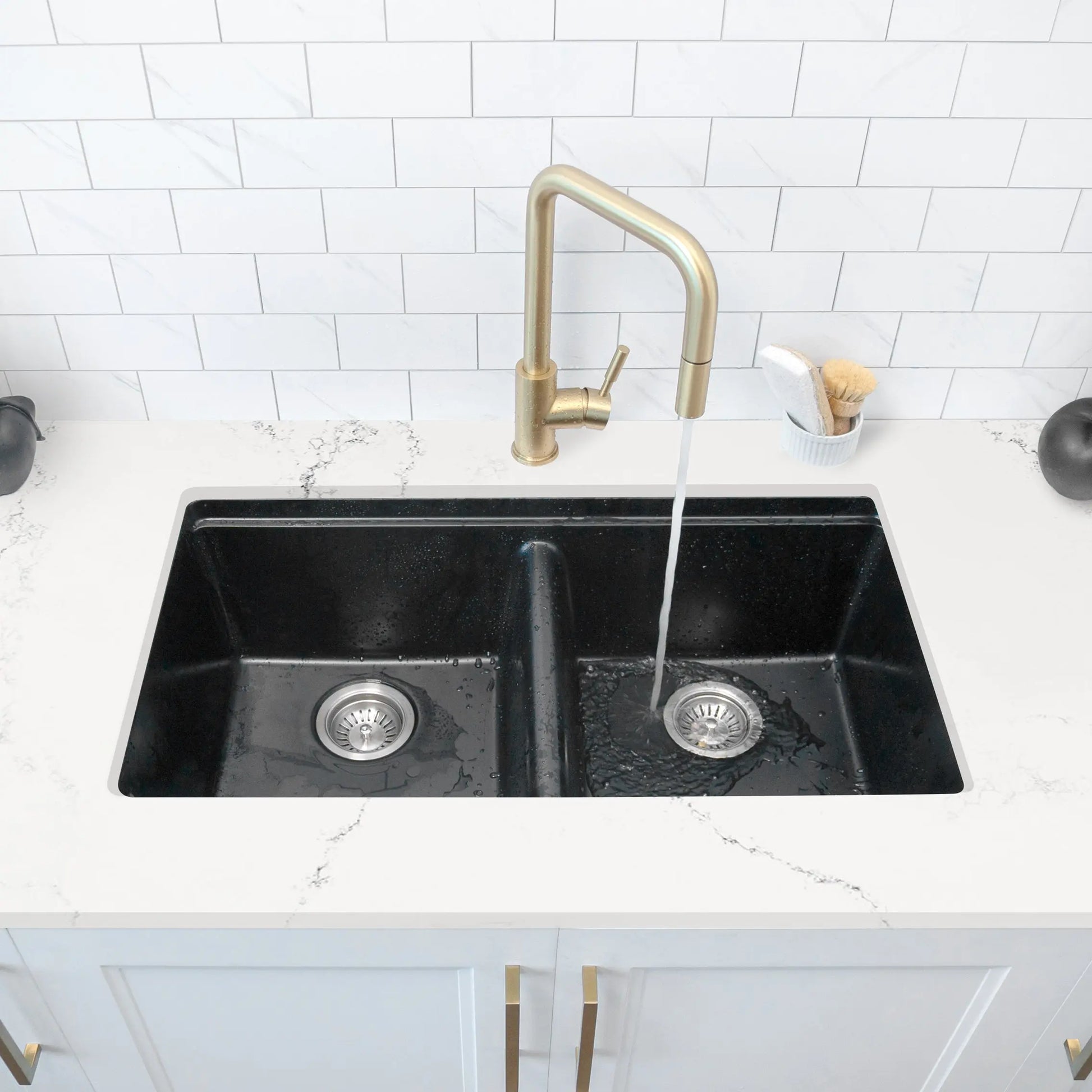 STYLISH 33 inch Dual Mount  Workstation Double Bowl Black Composite Granite Kitchen Sink with Built in Accessories S-833WN - Plumbing Market
