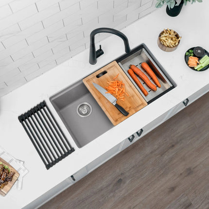 STYLISH 33 inch Dual Mount  Workstation Double Bowl Gray Composite Granite Kitchen Sink with Built in Accessories S-833WL - Plumbing Market