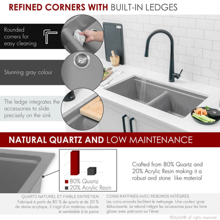 STYLISH 33 inch Dual Mount  Workstation Double Bowl Gray Composite Granite Kitchen Sink with Built in Accessories S-833WL - Plumbing Market