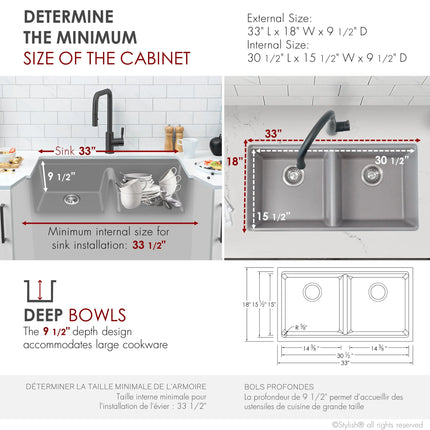 STYLISH 33 inch Dual Mount  Workstation Double Bowl Gray Composite Granite Kitchen Sink with Built in Accessories S-833WL - Plumbing Market