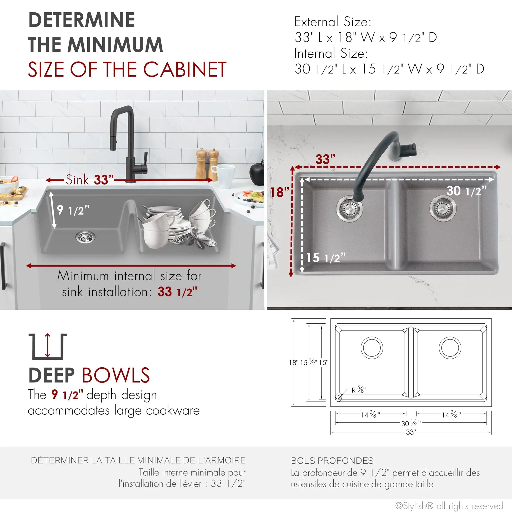 STYLISH 33 inch Dual Mount  Workstation Double Bowl Gray Composite Granite Kitchen Sink with Built in Accessories S-833WL - Plumbing Market