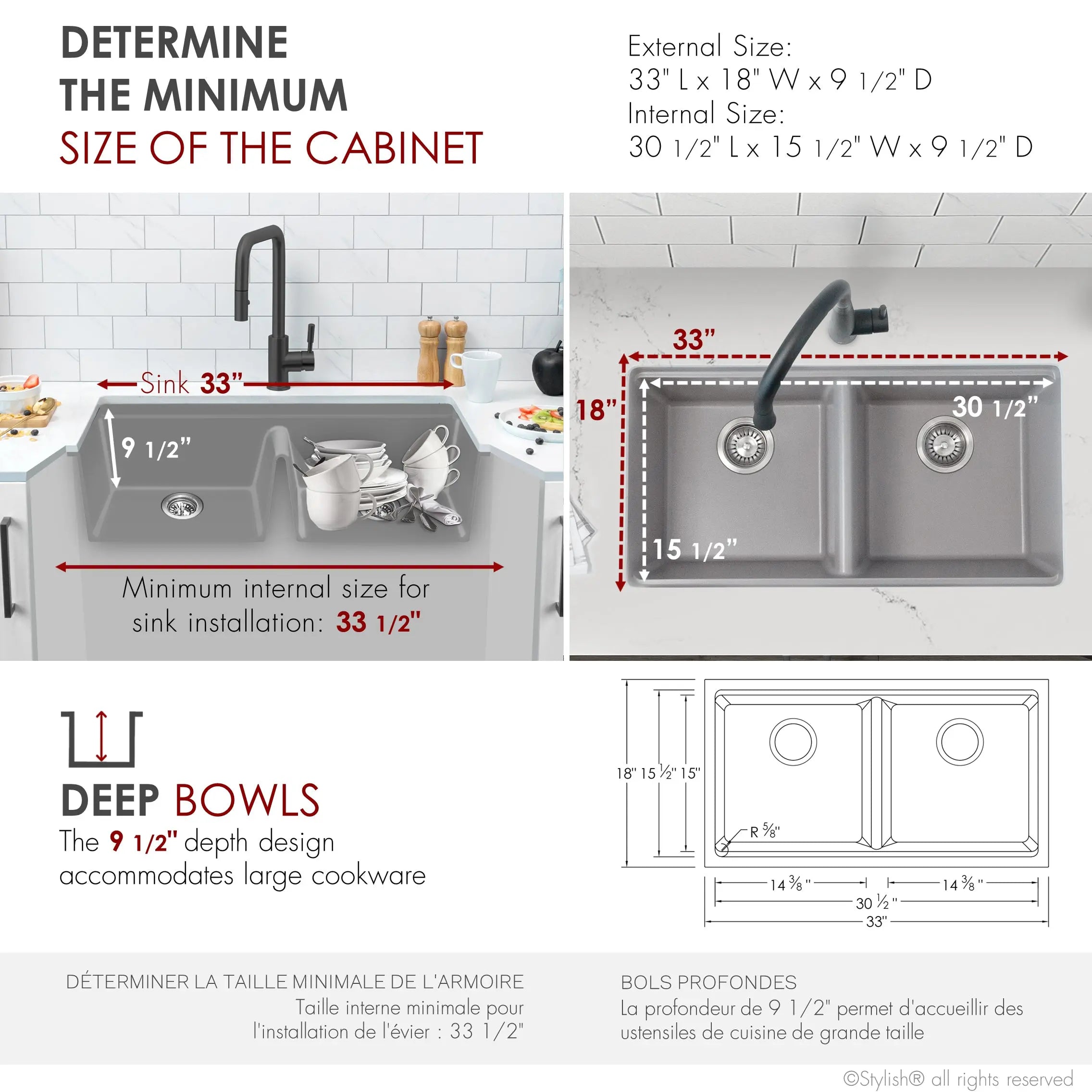 STYLISH 33 inch Dual Mount  Workstation Double Bowl Gray Composite Granite Kitchen Sink with Built in Accessories S-833WL - Plumbing Market