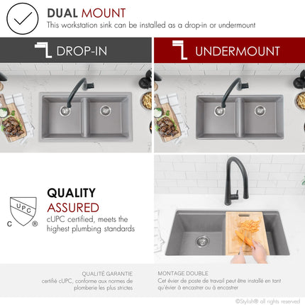 STYLISH 33 inch Dual Mount  Workstation Double Bowl Gray Composite Granite Kitchen Sink with Built in Accessories S-833WL - Plumbing Market