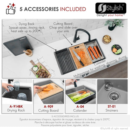 STYLISH 33 inch Dual Mount  Workstation Double Bowl Gray Composite Granite Kitchen Sink with Built in Accessories S-833WL - Plumbing Market