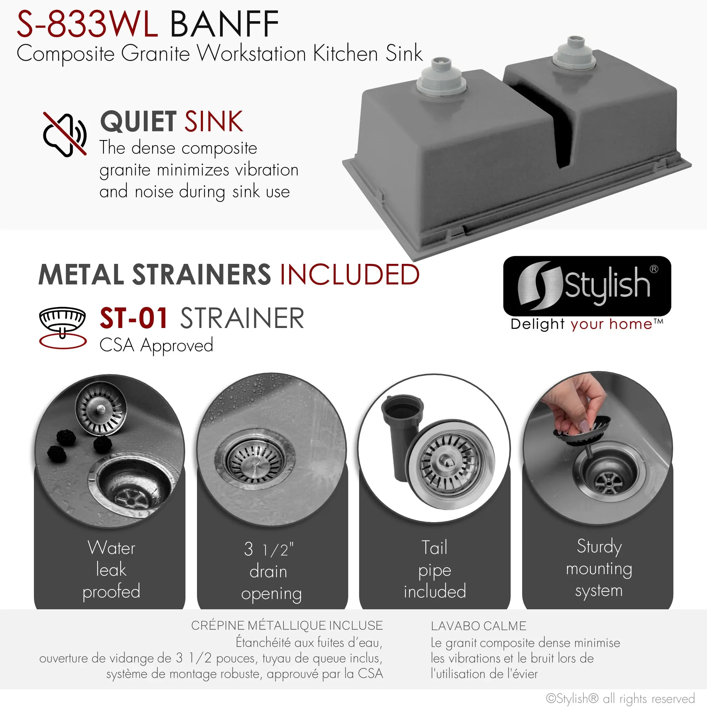 STYLISH 33 inch Dual Mount  Workstation Double Bowl Gray Composite Granite Kitchen Sink with Built in Accessories S-833WL - Plumbing Market