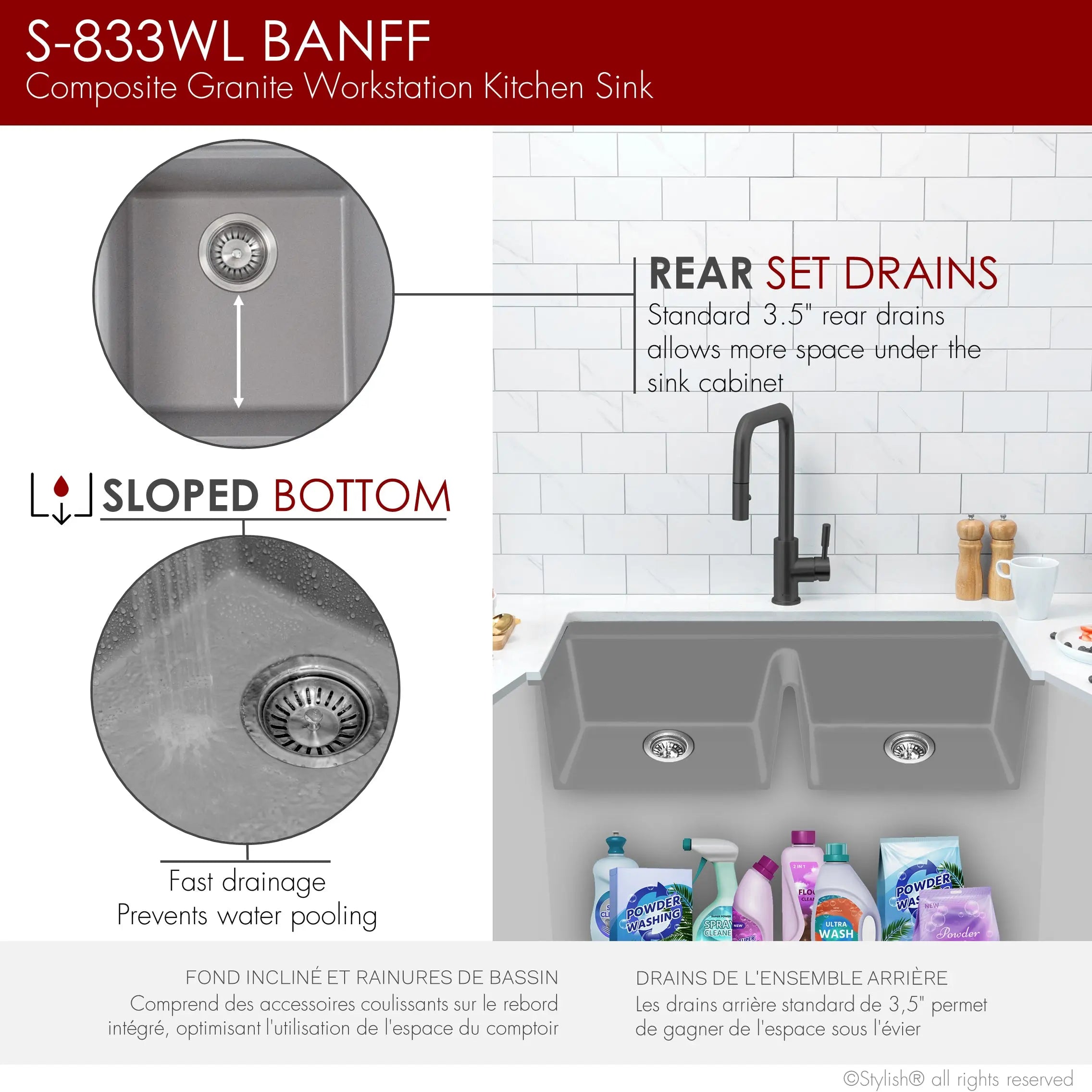 STYLISH 33 inch Dual Mount  Workstation Double Bowl Gray Composite Granite Kitchen Sink with Built in Accessories S-833WL - Plumbing Market