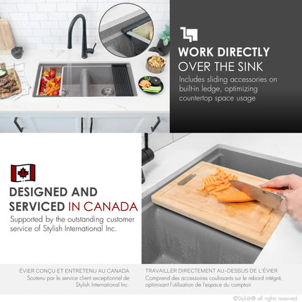 STYLISH 33 inch Dual Mount  Workstation Double Bowl Gray Composite Granite Kitchen Sink with Built in Accessories S-833WL - Plumbing Market