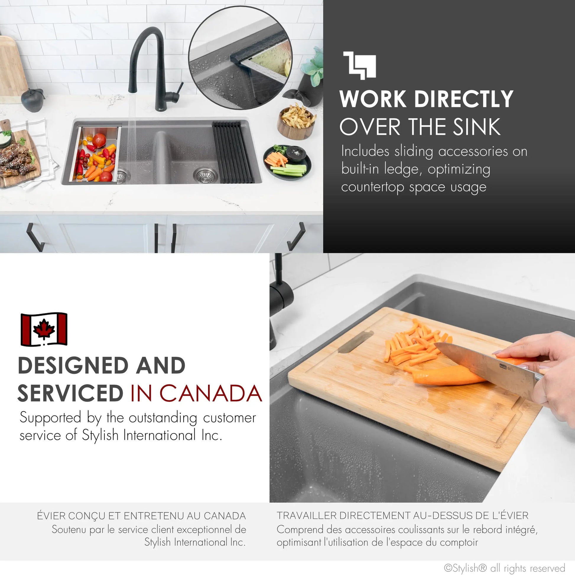 STYLISH 33 inch Dual Mount  Workstation Double Bowl Gray Composite Granite Kitchen Sink with Built in Accessories S-833WL - Plumbing Market