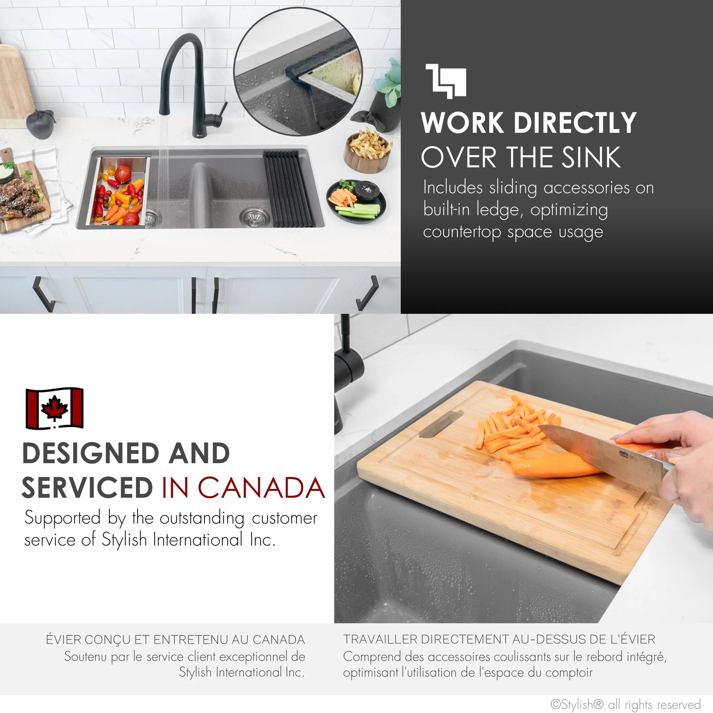 STYLISH 33 inch Dual Mount  Workstation Double Bowl Gray Composite Granite Kitchen Sink with Built in Accessories S-833WL - Plumbing Market