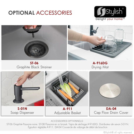 STYLISH 33 inch Dual Mount  Workstation Double Bowl Gray Composite Granite Kitchen Sink with Built in Accessories S-833WL - Plumbing Market