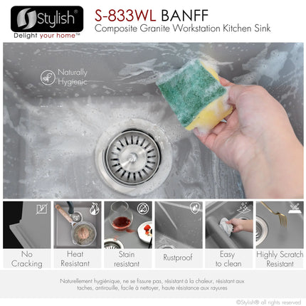 STYLISH 33 inch Dual Mount  Workstation Double Bowl Gray Composite Granite Kitchen Sink with Built in Accessories S-833WL - Plumbing Market