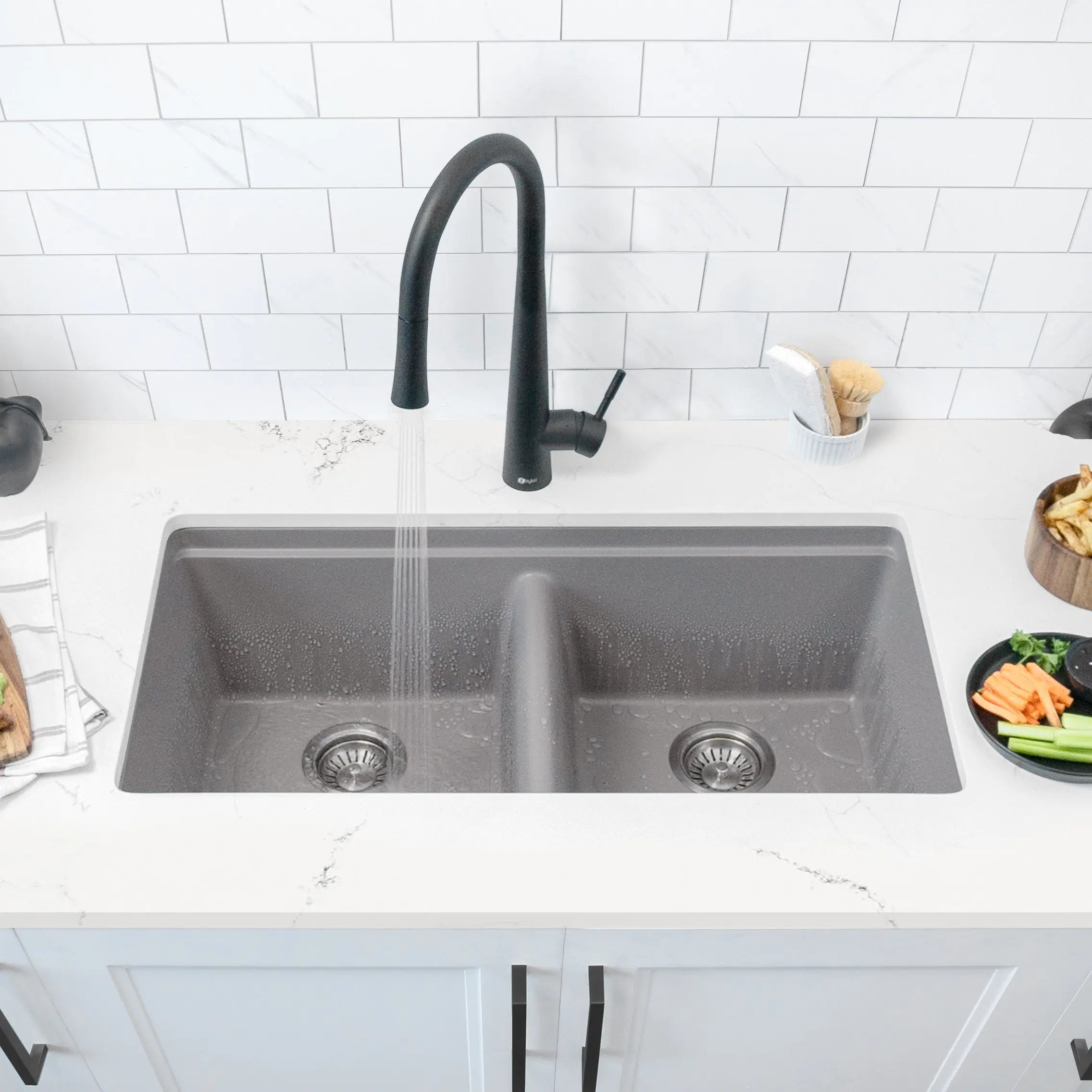 STYLISH 33 inch Dual Mount  Workstation Double Bowl Gray Composite Granite Kitchen Sink with Built in Accessories S-833WL - Plumbing Market
