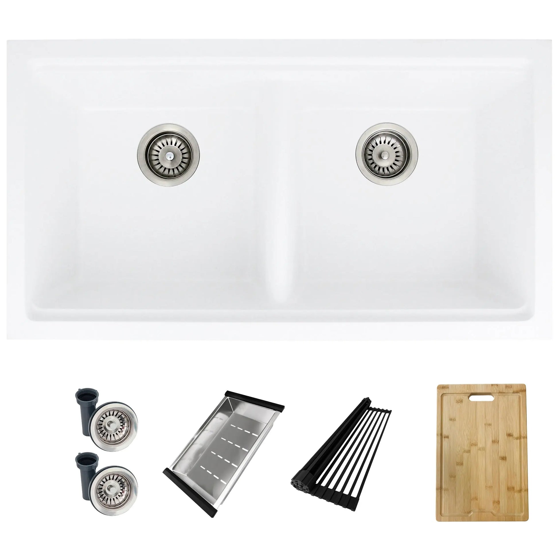 STYLISH 33 inch Dual Mount  Workstation Double Bowl White Composite Granite Kitchen Sink with Built in Accessories S-833WH - Plumbing Market