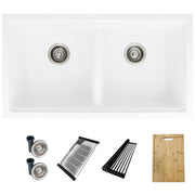STYLISH 33 inch Dual Mount  Workstation Double Bowl White Composite Granite Kitchen Sink with Built in Accessories S-833WH - Plumbing Market