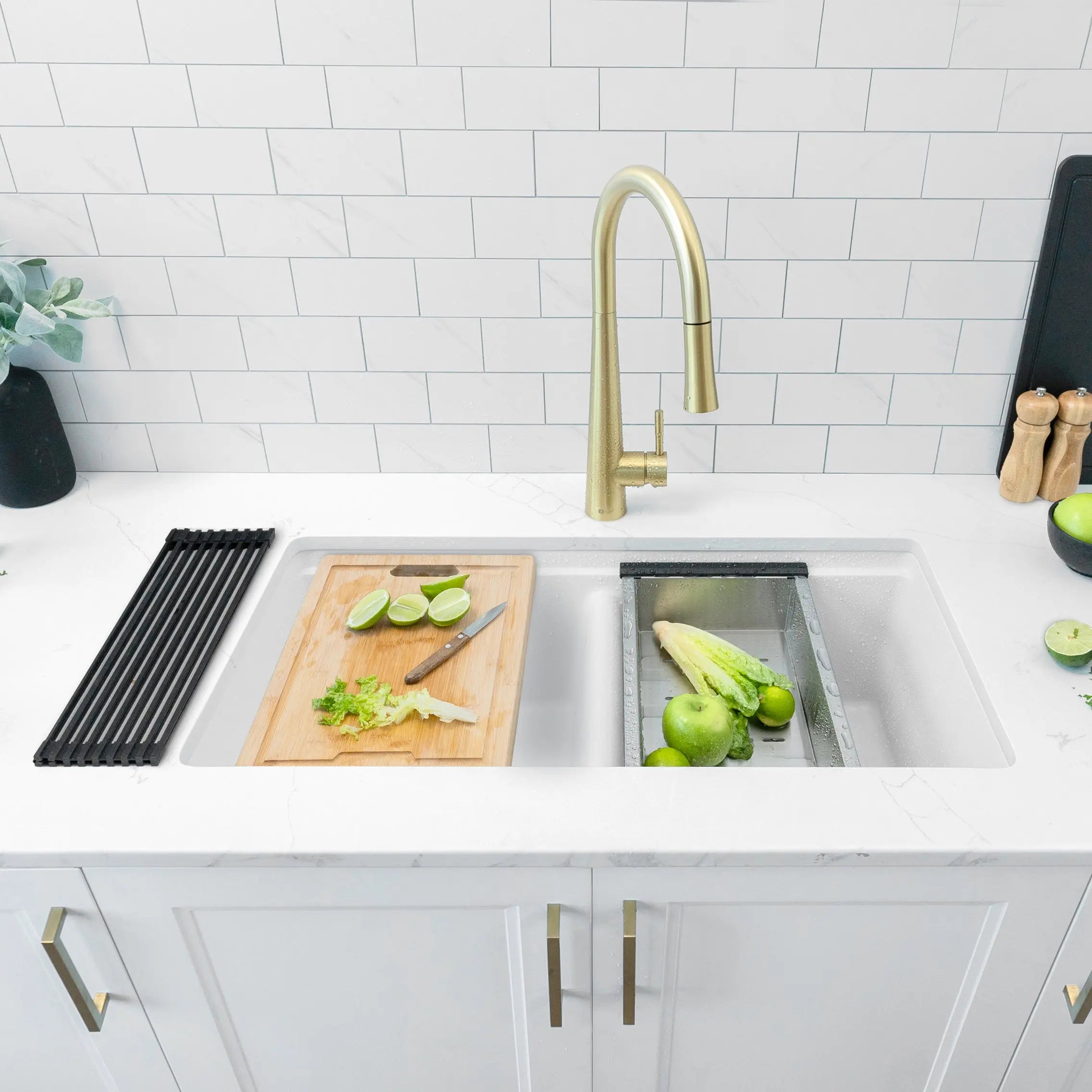 STYLISH 33 inch Dual Mount  Workstation Double Bowl White Composite Granite Kitchen Sink with Built in Accessories S-833WH - Plumbing Market