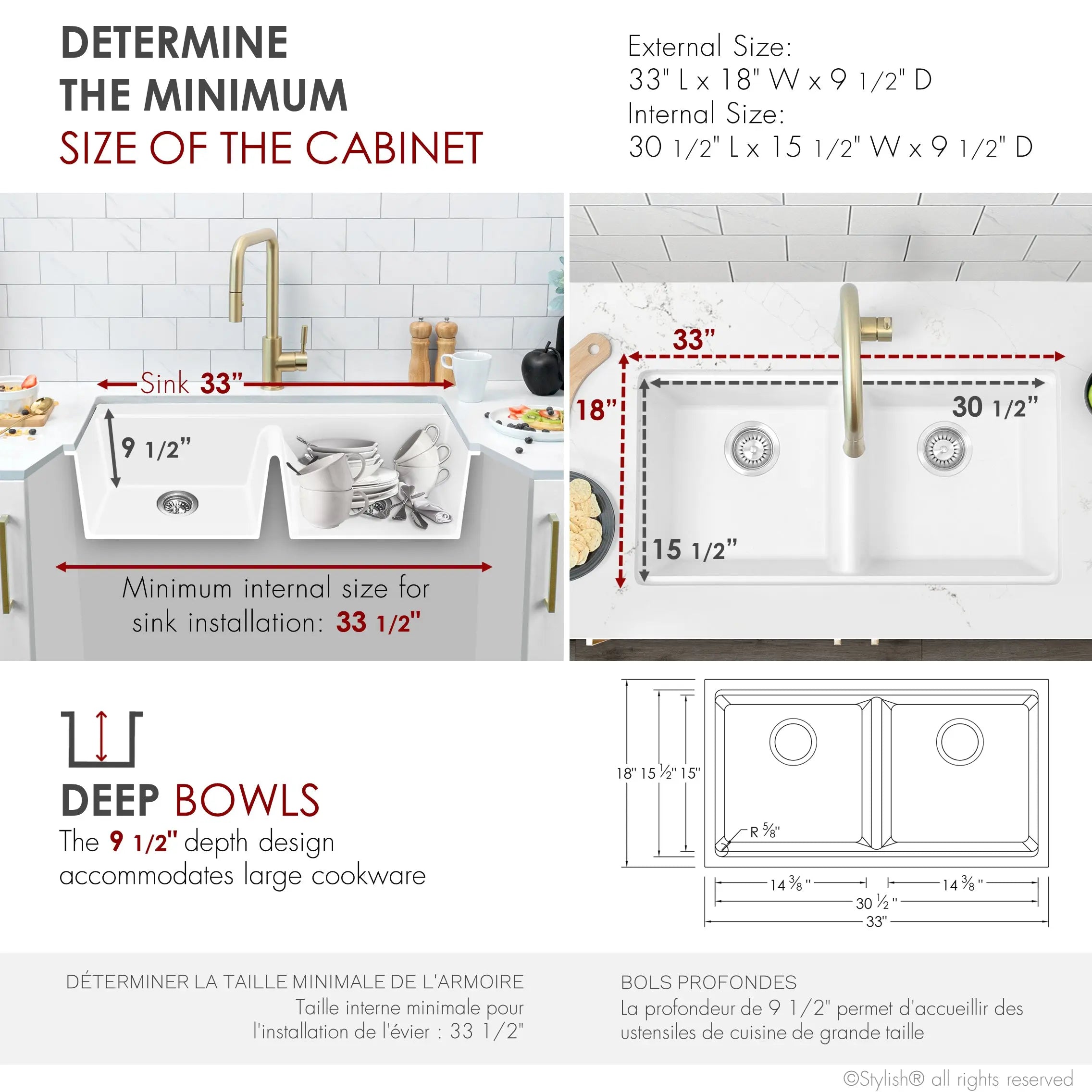 STYLISH 33 inch Dual Mount  Workstation Double Bowl White Composite Granite Kitchen Sink with Built in Accessories S-833WH - Plumbing Market