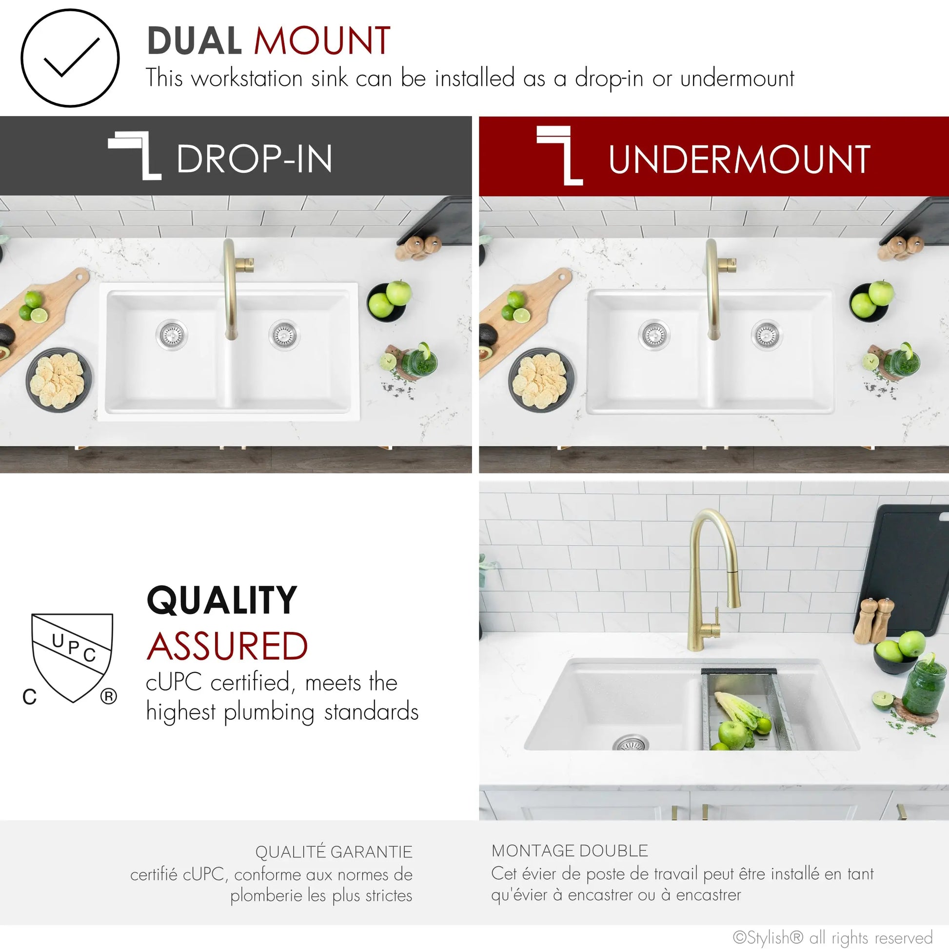 STYLISH 33 inch Dual Mount  Workstation Double Bowl White Composite Granite Kitchen Sink with Built in Accessories S-833WH - Plumbing Market