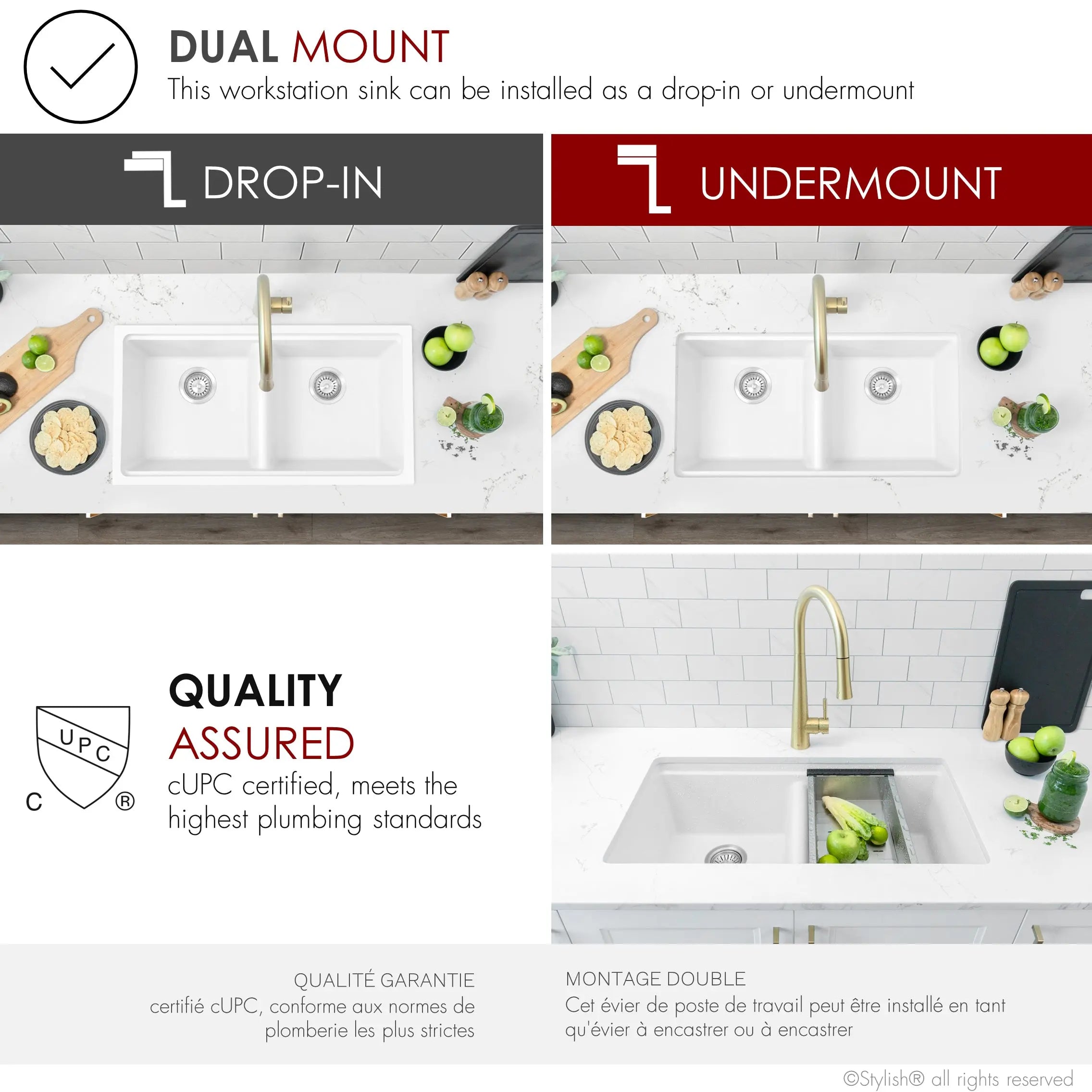 STYLISH 33 inch Dual Mount  Workstation Double Bowl White Composite Granite Kitchen Sink with Built in Accessories S-833WH - Plumbing Market
