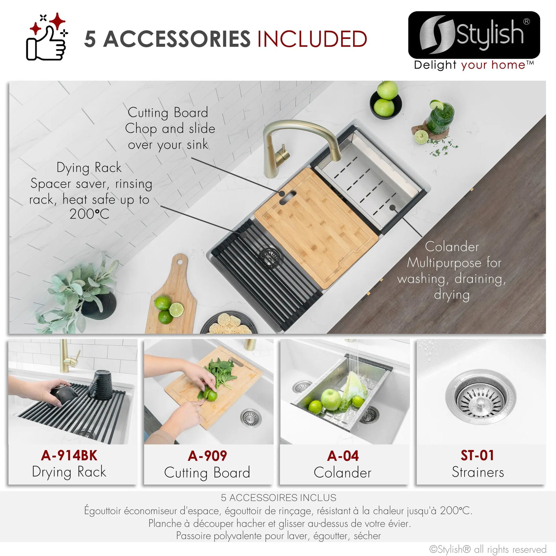 STYLISH 33 inch Dual Mount  Workstation Double Bowl White Composite Granite Kitchen Sink with Built in Accessories S-833WH - Plumbing Market