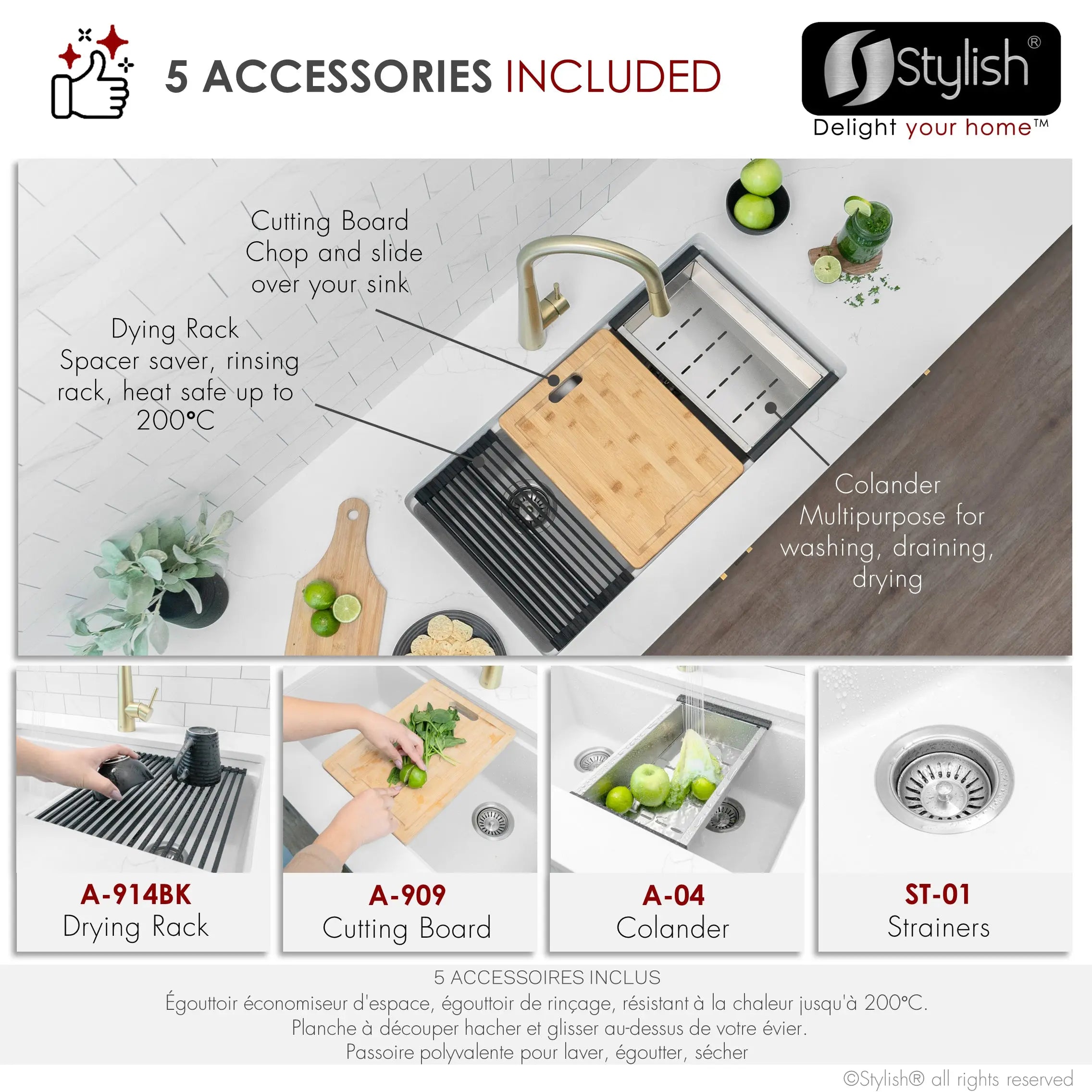 STYLISH 33 inch Dual Mount  Workstation Double Bowl White Composite Granite Kitchen Sink with Built in Accessories S-833WH - Plumbing Market
