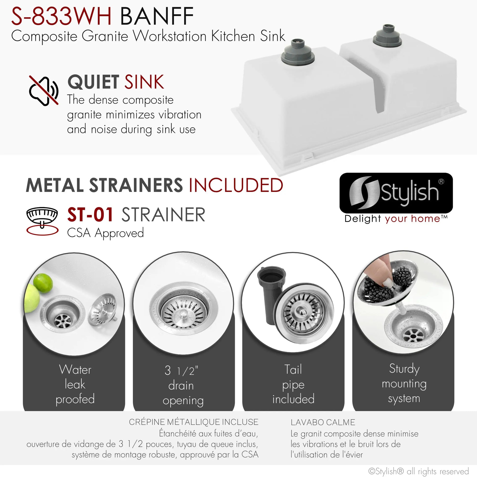 STYLISH 33 inch Dual Mount  Workstation Double Bowl White Composite Granite Kitchen Sink with Built in Accessories S-833WH - Plumbing Market