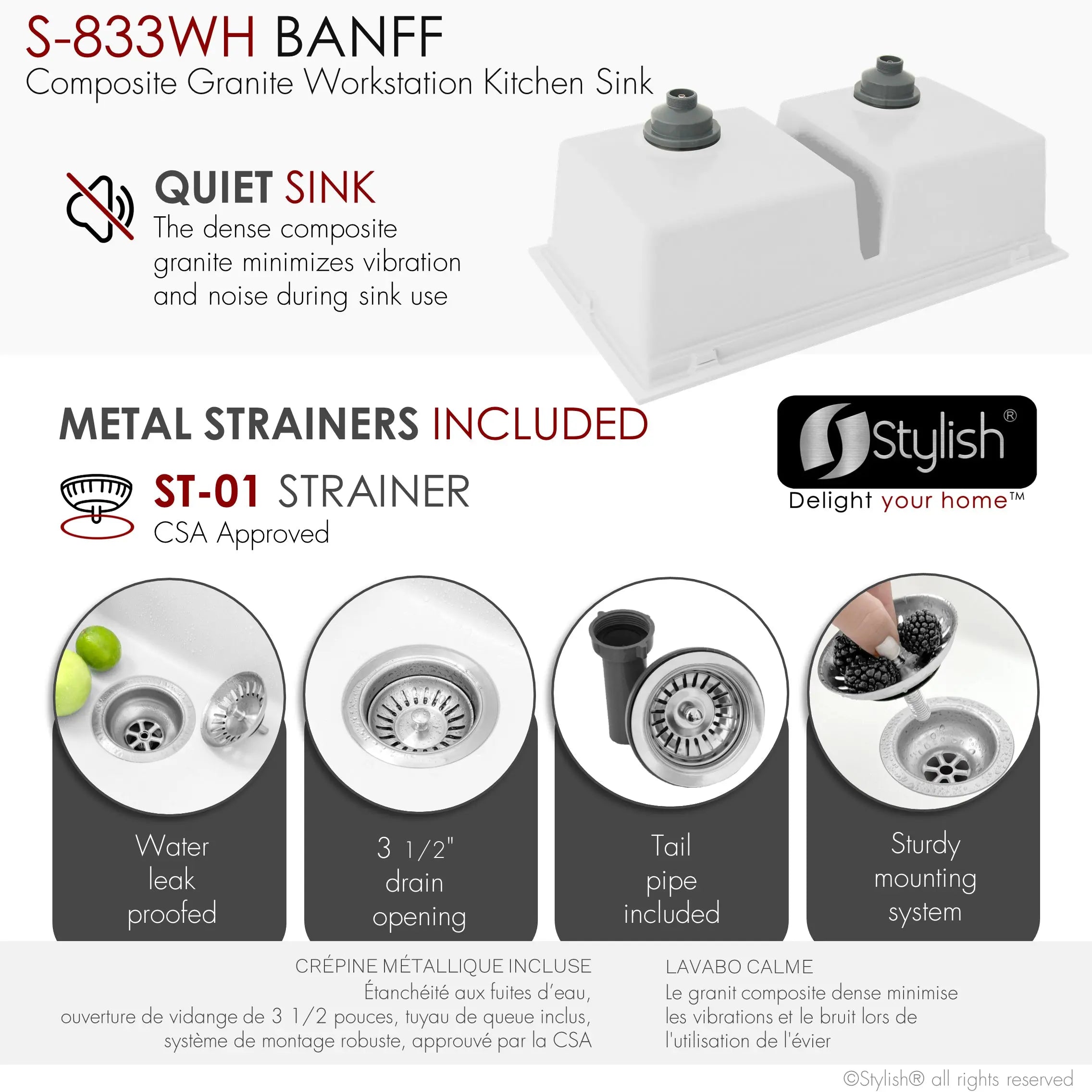 STYLISH 33 inch Dual Mount  Workstation Double Bowl White Composite Granite Kitchen Sink with Built in Accessories S-833WH - Plumbing Market