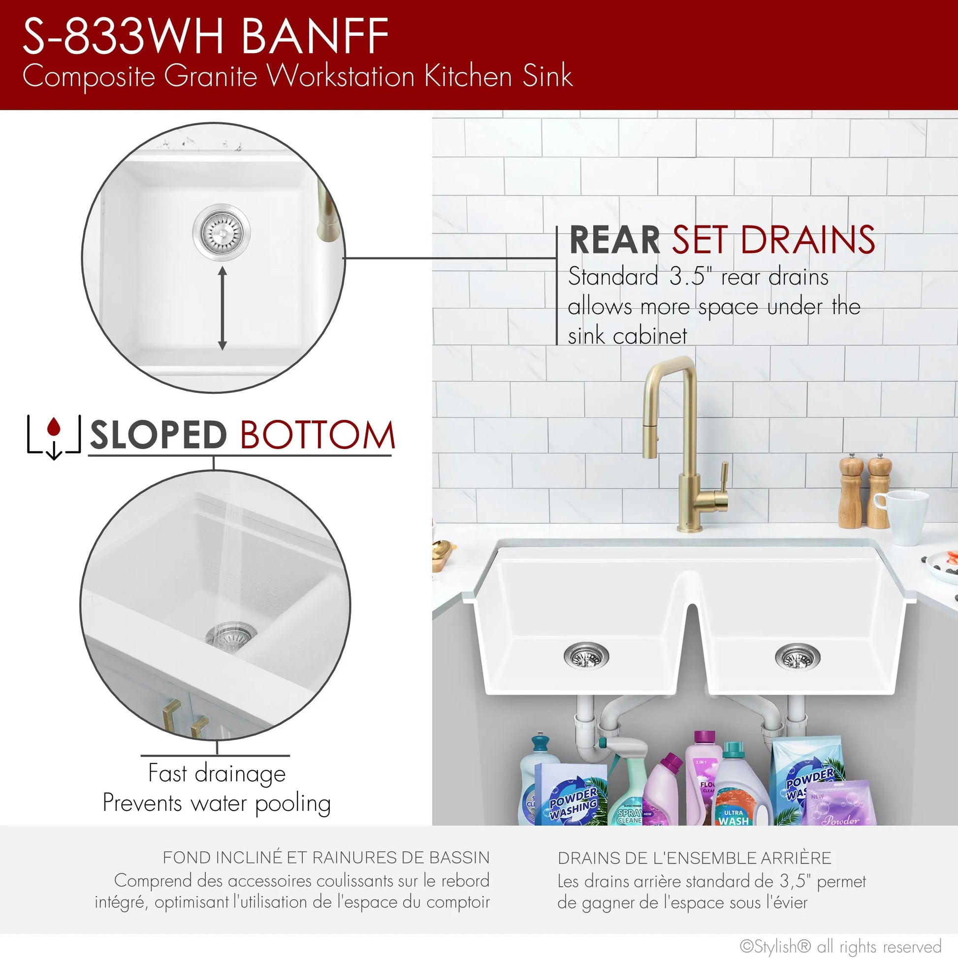 STYLISH 33 inch Dual Mount  Workstation Double Bowl White Composite Granite Kitchen Sink with Built in Accessories S-833WH - Plumbing Market