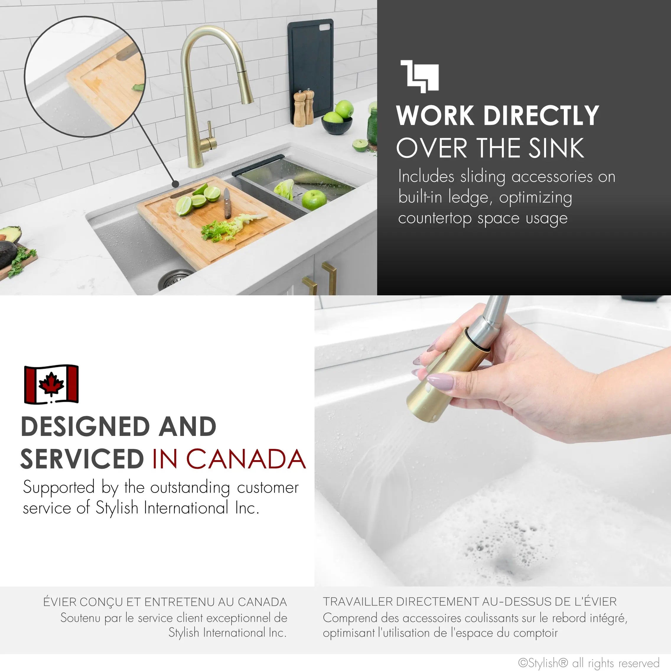 STYLISH 33 inch Dual Mount  Workstation Double Bowl White Composite Granite Kitchen Sink with Built in Accessories S-833WH - Plumbing Market