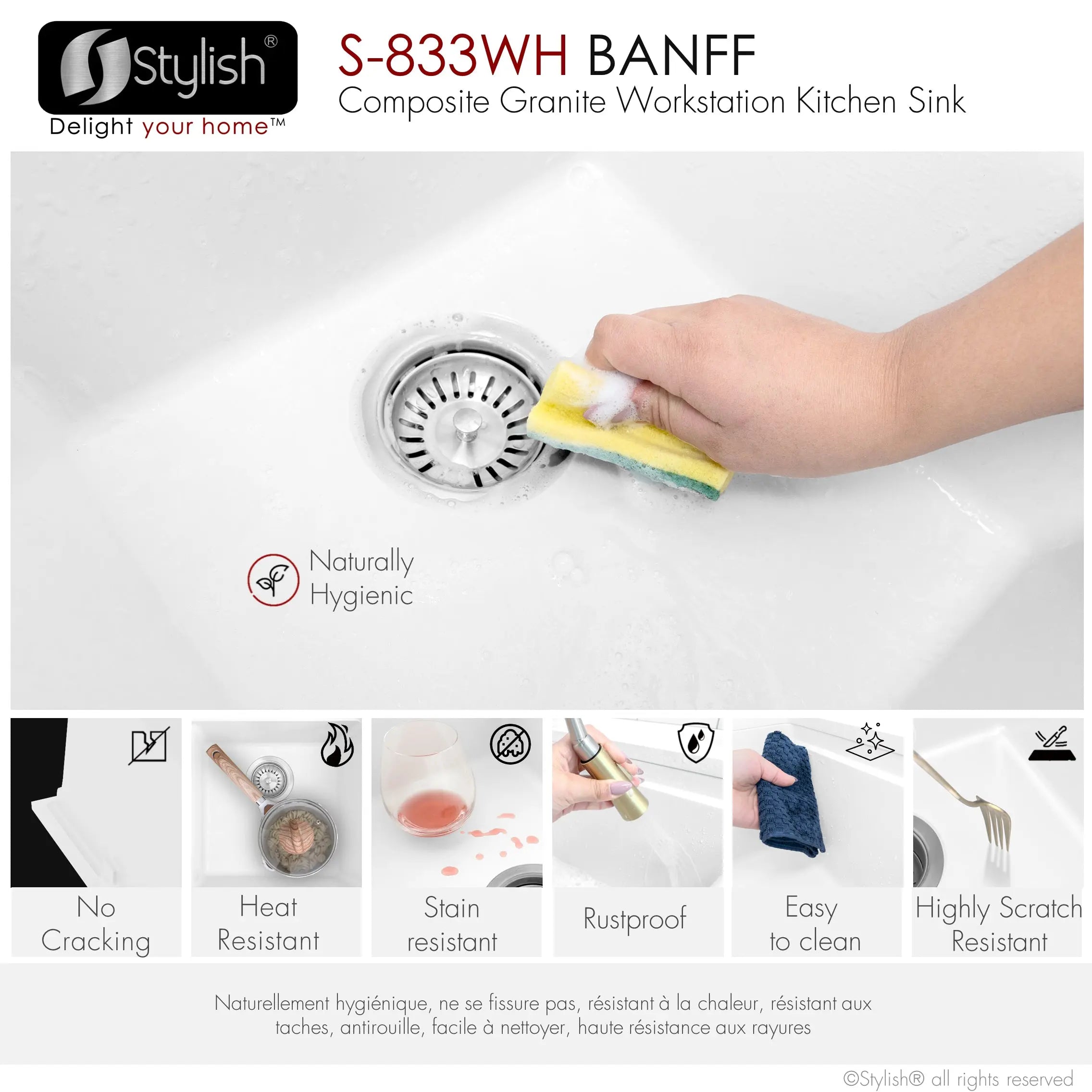 STYLISH 33 inch Dual Mount  Workstation Double Bowl White Composite Granite Kitchen Sink with Built in Accessories S-833WH - Plumbing Market