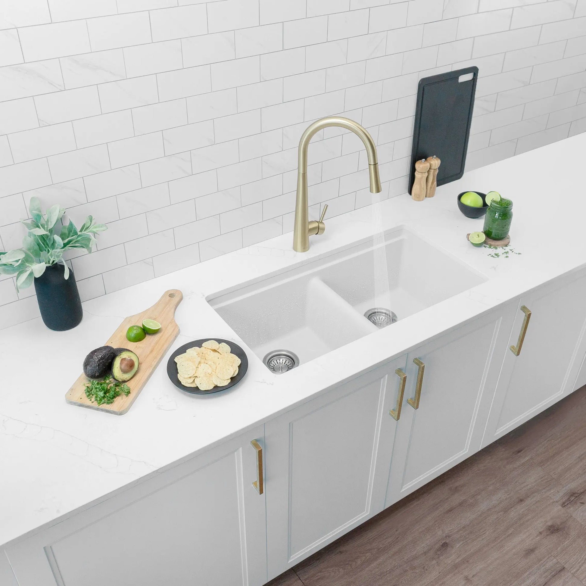 STYLISH 33 inch Dual Mount  Workstation Double Bowl White Composite Granite Kitchen Sink with Built in Accessories S-833WH - Plumbing Market