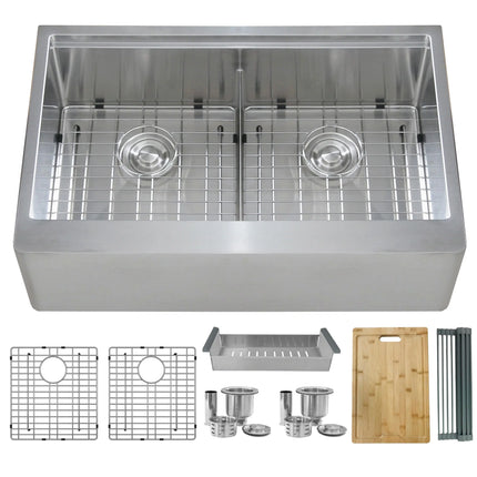 STYLISH 33 inch Farmhouse Double Bowl Stainless Steel Apron Kitchen Sink S-315W - Plumbing Market