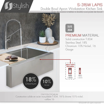 STYLISH 33 inch Farmhouse Double Bowl Stainless Steel Apron Kitchen Sink S-315W - Plumbing Market