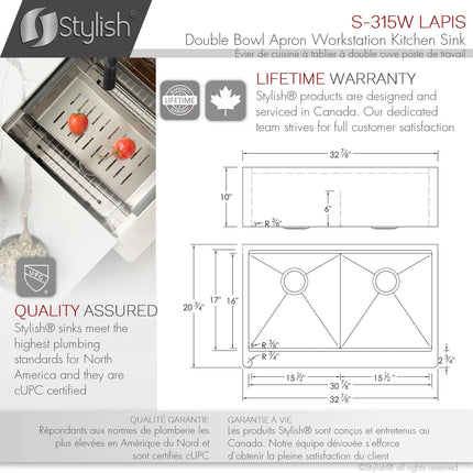 STYLISH 33 inch Farmhouse Double Bowl Stainless Steel Apron Kitchen Sink S-315W - Plumbing Market