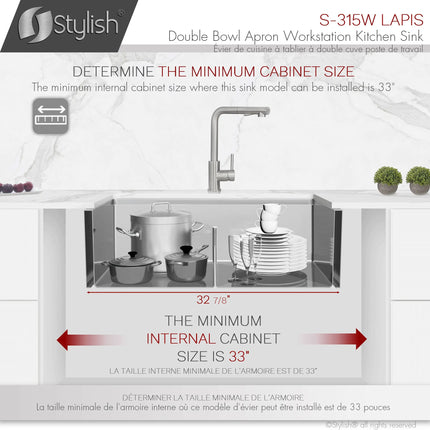 STYLISH 33 inch Farmhouse Double Bowl Stainless Steel Apron Kitchen Sink S-315W - Plumbing Market