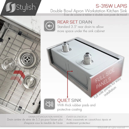 STYLISH 33 inch Farmhouse Double Bowl Stainless Steel Apron Kitchen Sink S-315W - Plumbing Market