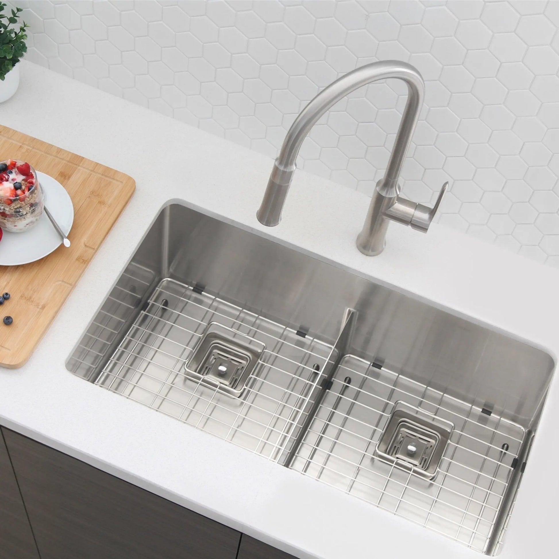 STYLISH 33 inch Slim Low Divider Double Bowl Undermount Stainless Steel Kitchen Sink S-501XG - Plumbing Market