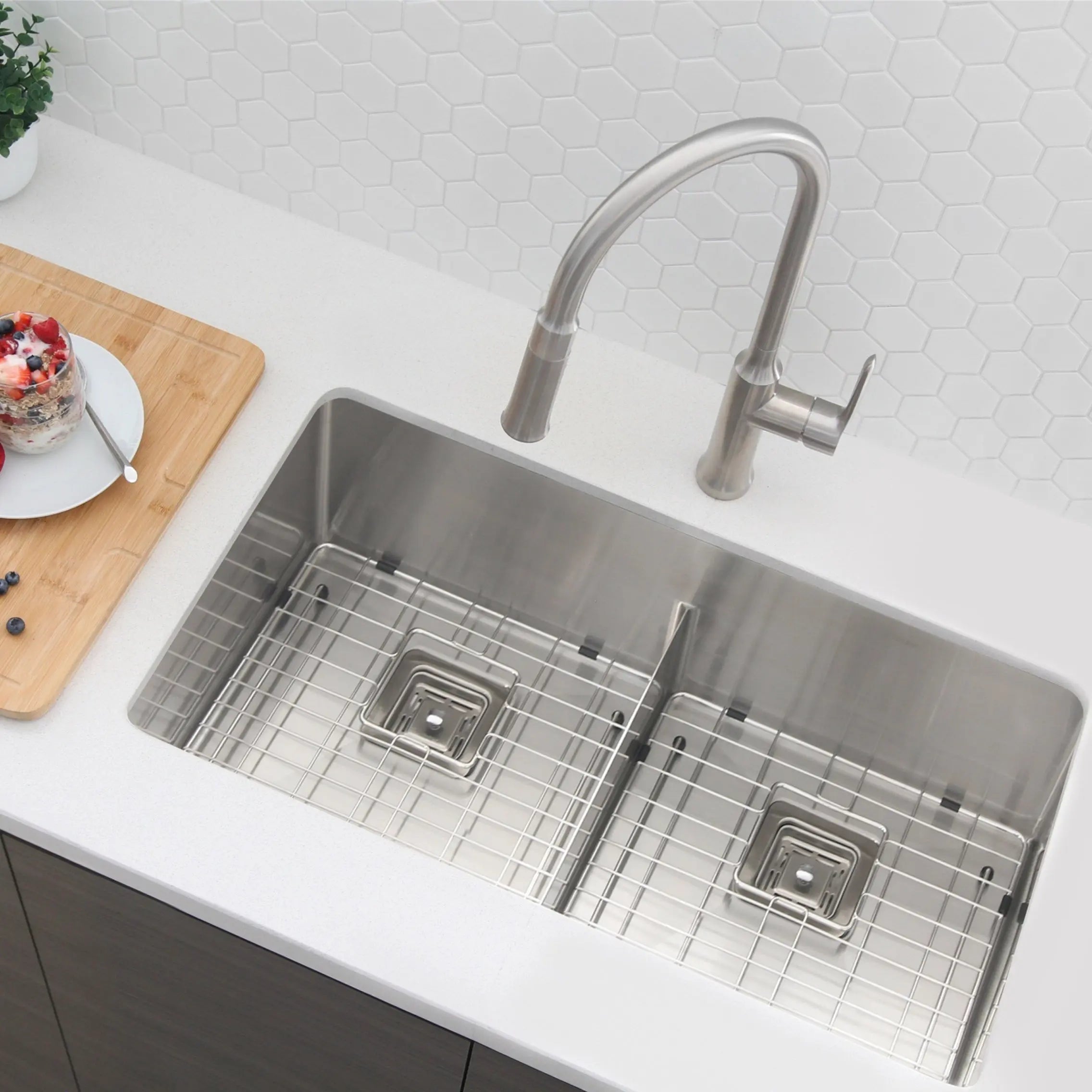 STYLISH 33 inch Slim Low Divider Double Bowl Undermount Stainless Steel Kitchen Sink S-501XG - Plumbing Market